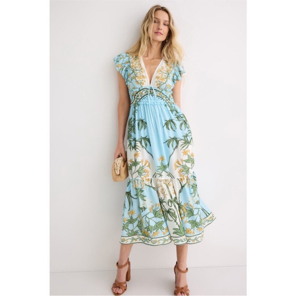 Derek Lam 10 Crosby X Rtr Flutter Sleeve V-Neck Midi, Size: 0